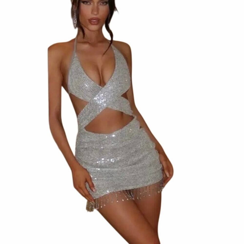 Outcast Alondra Sequin Mini Dress S Silver Fringe Cutout Party Club Festival NWT